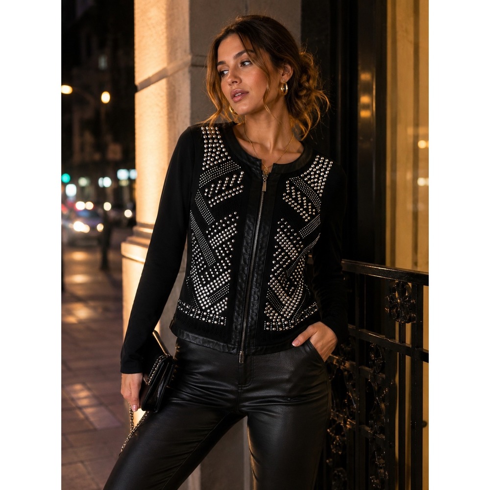 Carmin Black Studded Moto Jacket Faux Leather Trim Zip Front Small Style 3003